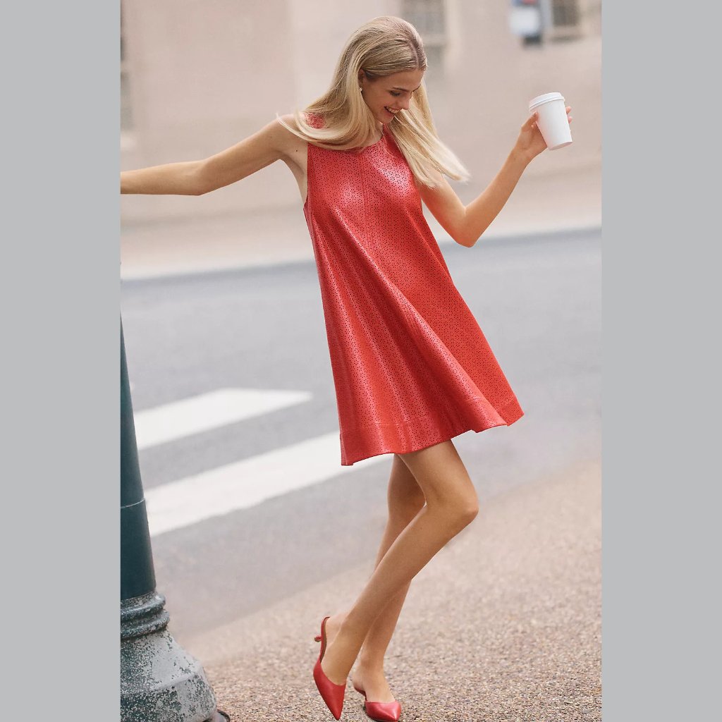 New Maeve Sizes S, M, L The Keiko Faux Leather Cutwork Mini Dress - True Red